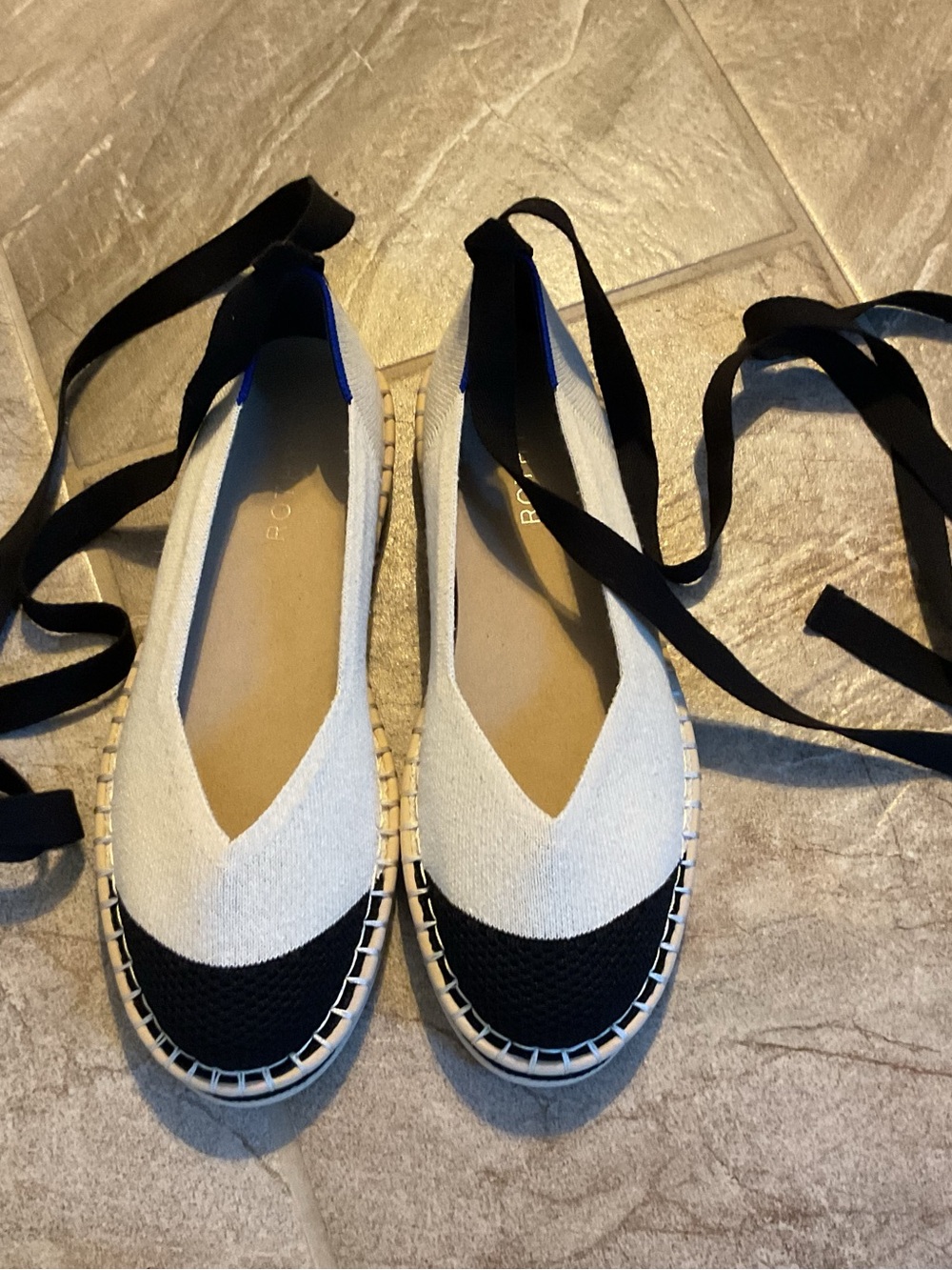 Rothy's Espadrilles Boardwalk Lace up size 8.5 Black & Cream NWOT